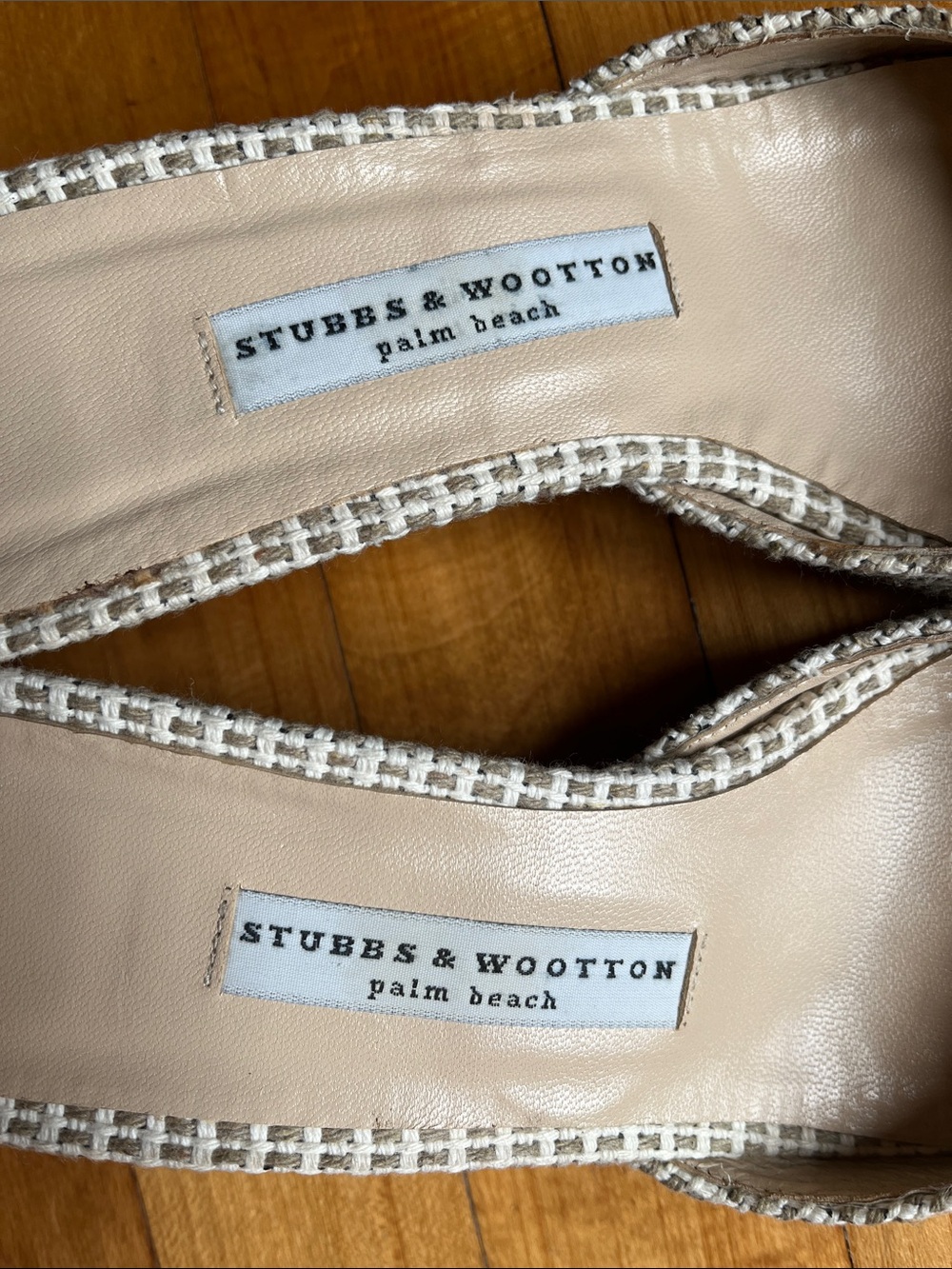 Stubbs & Wootton Raffia Woven Pointed Toe Tan Slide On Mules 8.5 wedge heel - Picture 3 of 7